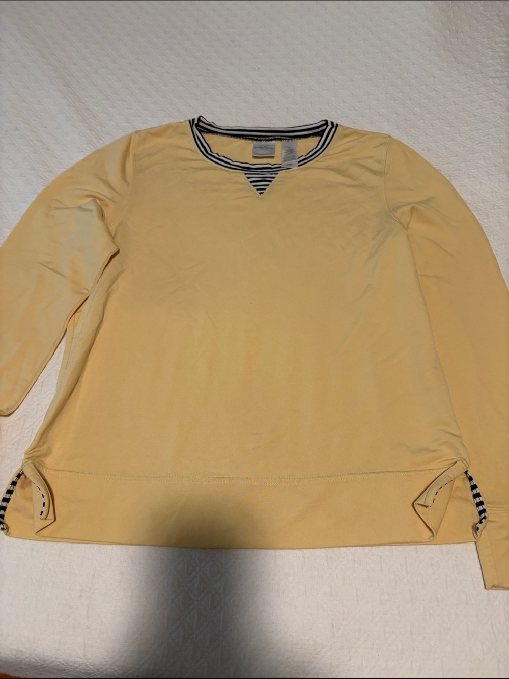 Emma James Pale Yellow Long Sleeve Top with Black & White Stripe Trim